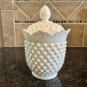 Fenton White Hobnail Glass Jar with Lid Candy or Sugar Jar